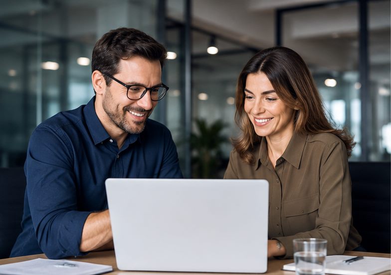 Zwei CaRD-Berater besprechen eine SAP-Lösung am Laptop