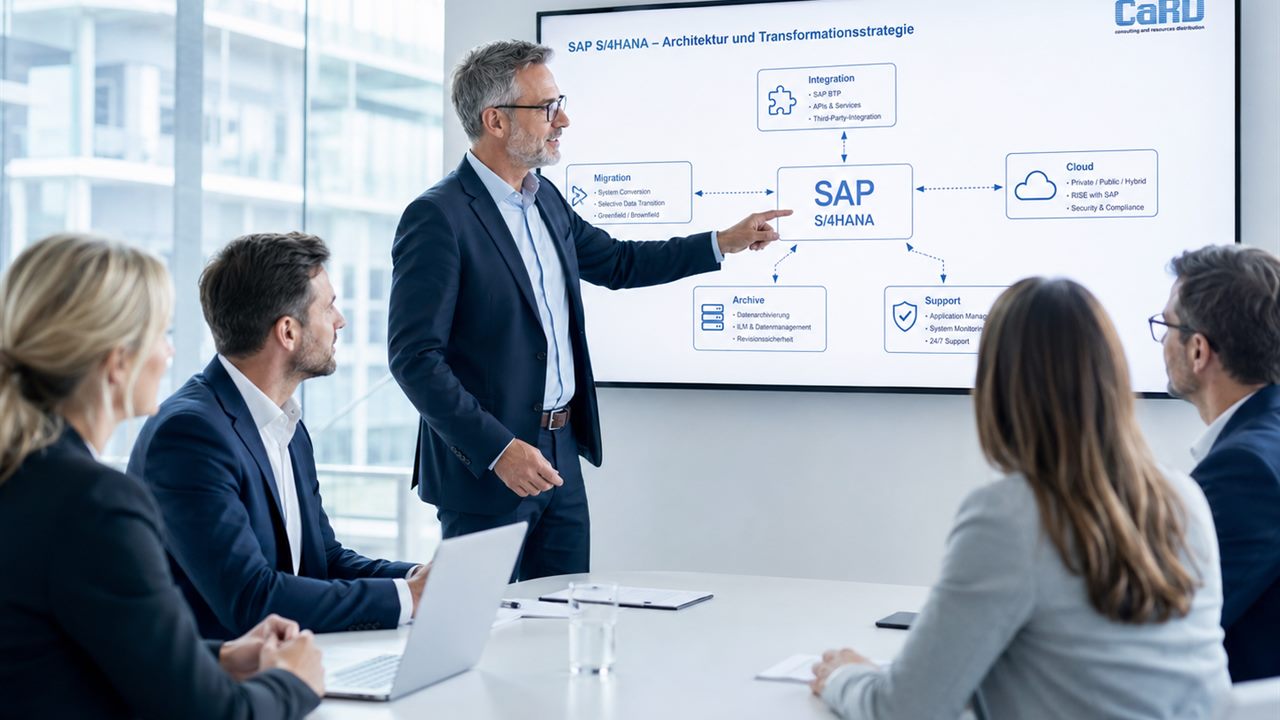 CaRD-Berater präsentiert die SAP-S/4HANA-Architektur- und Transformationsstrategie vor dem Kundenteam