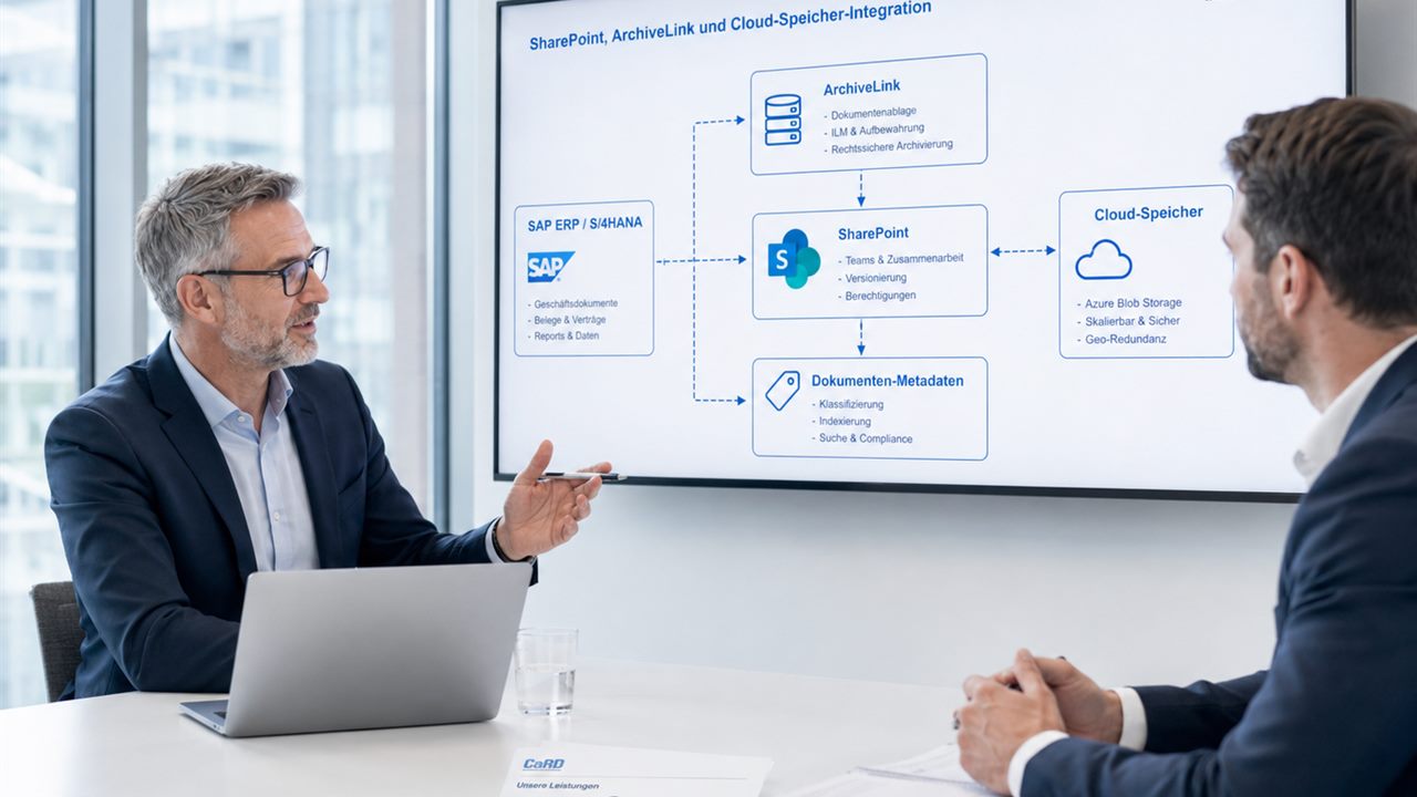 CaRD-Berater erläutert eine Integrationsarchitektur mit SAP, SharePoint, ArchiveLink und Cloud-Speicher