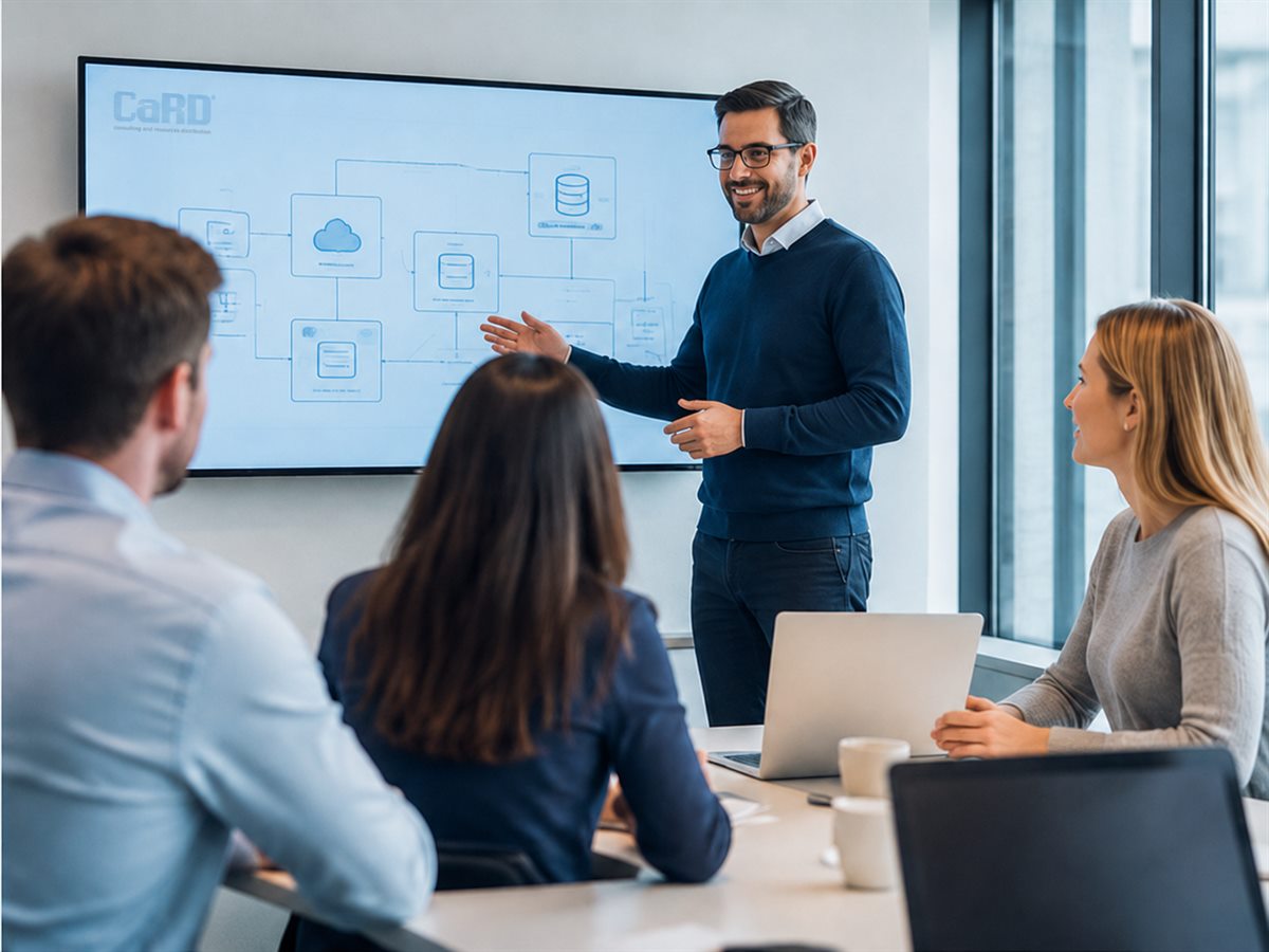 CaRD-Berater präsentiert eine SAP-Systemarchitektur vor dem Kundenteam