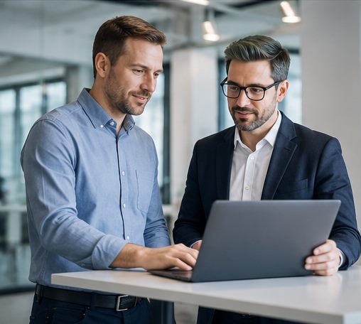 Zwei CaRD-Berater bei der technischen Abstimmung am Laptop